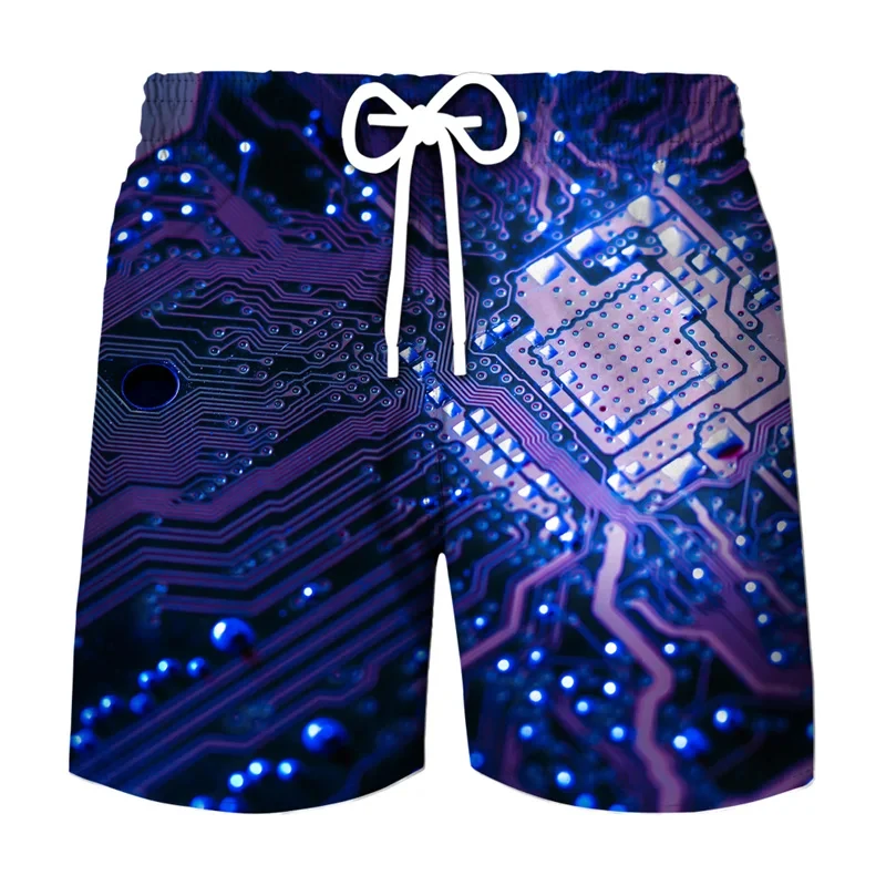 

Circuit Board Graphic Short Pants For Men Hawaiian Beach Shorts 3D Print Electronic Chip CPU Cool Designs Gym Trunks Ice Shorts