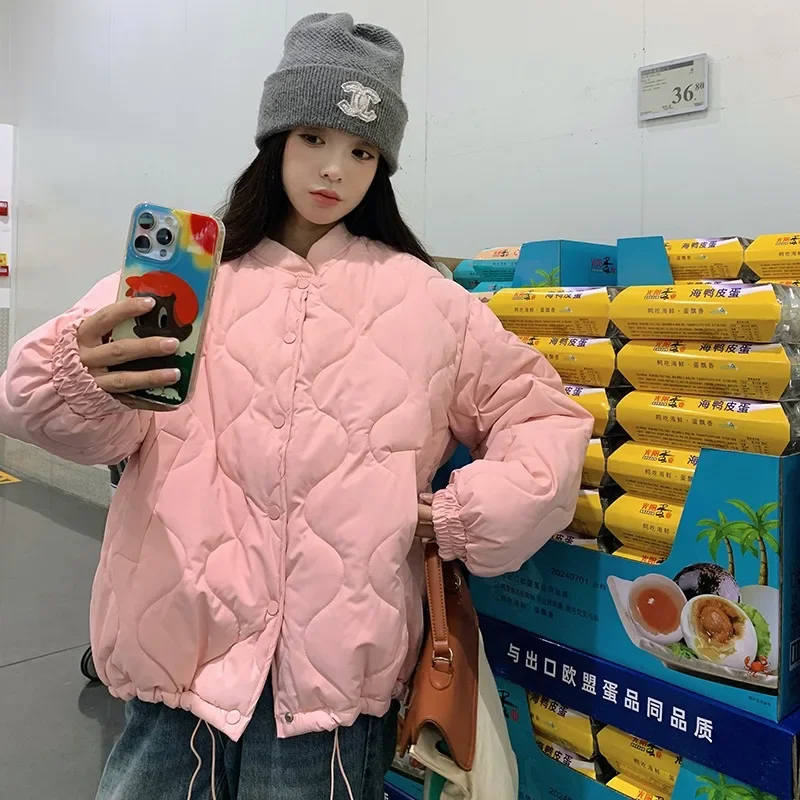 Koreanische Mode faulen Stil Diamant Gitter Baumwoll jacke Frauen übergroße Schlankheit Stehkragen Parkas weibliche Kleidung