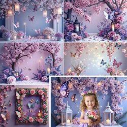 MOON.QG Purple Butterfly Garden Girl Birthday Photography Backdrop Rose Candle Communion Photocall Background Child Studio Props