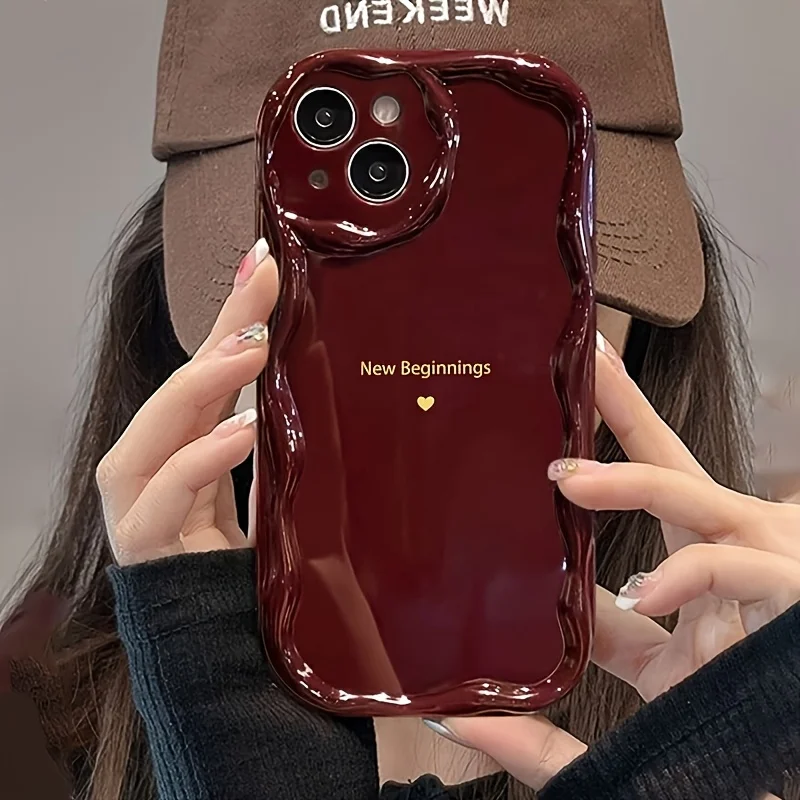 Neue Anfänge Retro Weinrote Wellenförmige Handyhülle für iPhone 17 15 13 11 12 14 16 17 Pro Max Plus mit Linsenschutz Silikonhülle für Damen – Detail 1