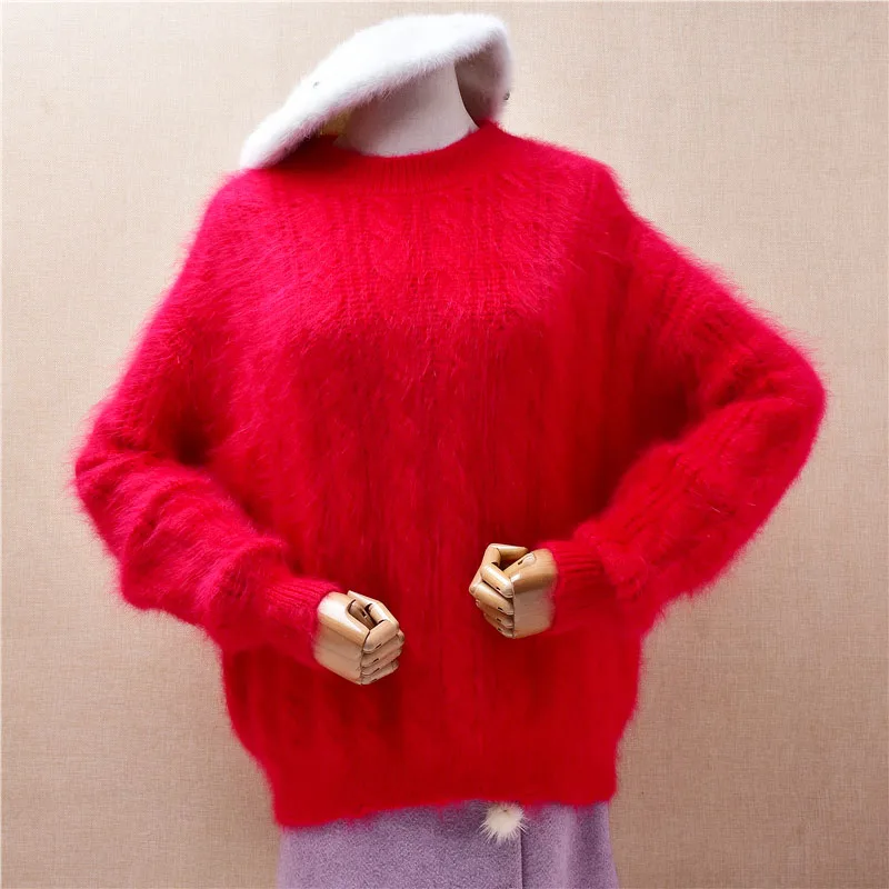 ملابس نسائية للخريف والشتاء موضة الجاكار الأحمر شعر الأنجورا أرنب الشعر محبوك س الرقبة طويلة الأكمام فضفاضة سترة البلوز #1