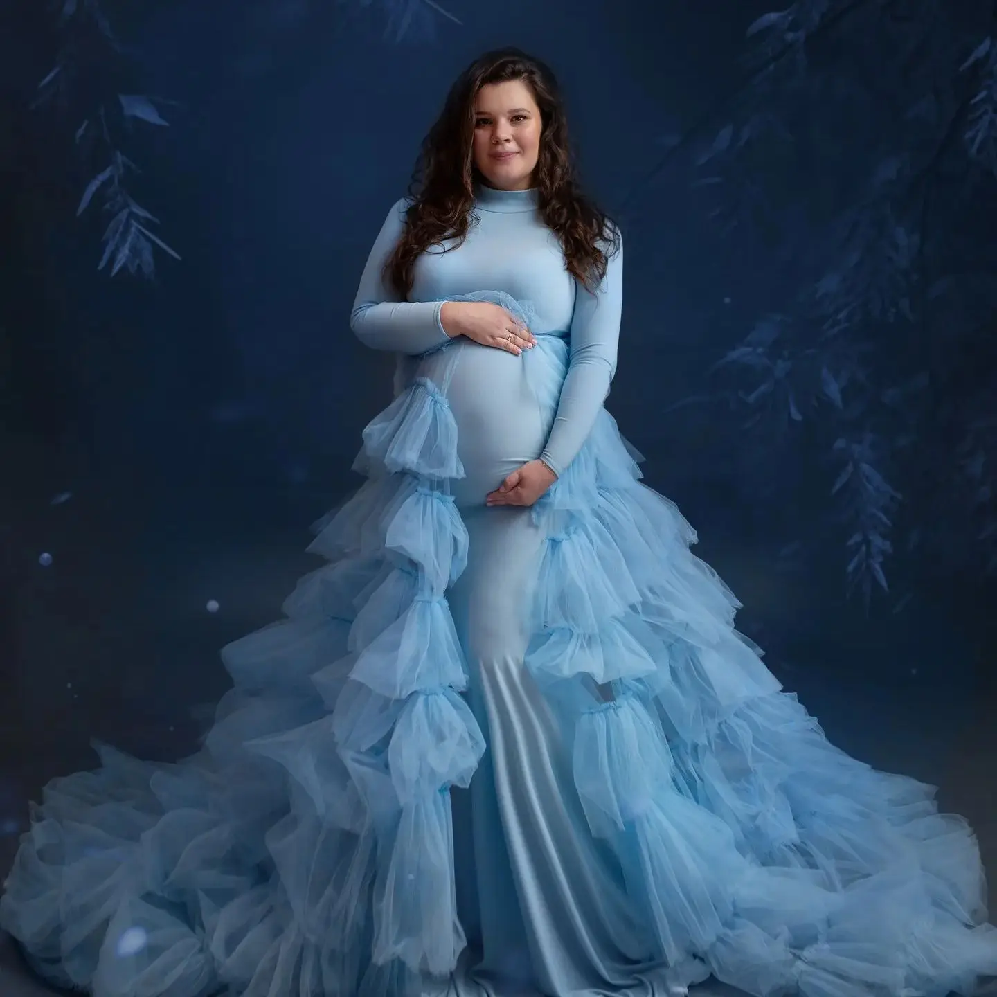 Vintage Baby Blue Evening Dresses High Neck Long Sleeves Pregnant Women Maternity Robes Charming Tiered Ruffles Babyshower Gowns