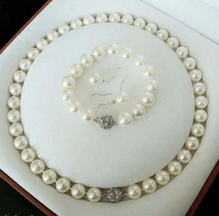 

10MM Natural SOUTH WHITE SEA SHELL PEARL NECKLACE +BRACELET +EARRINGS SET 18&