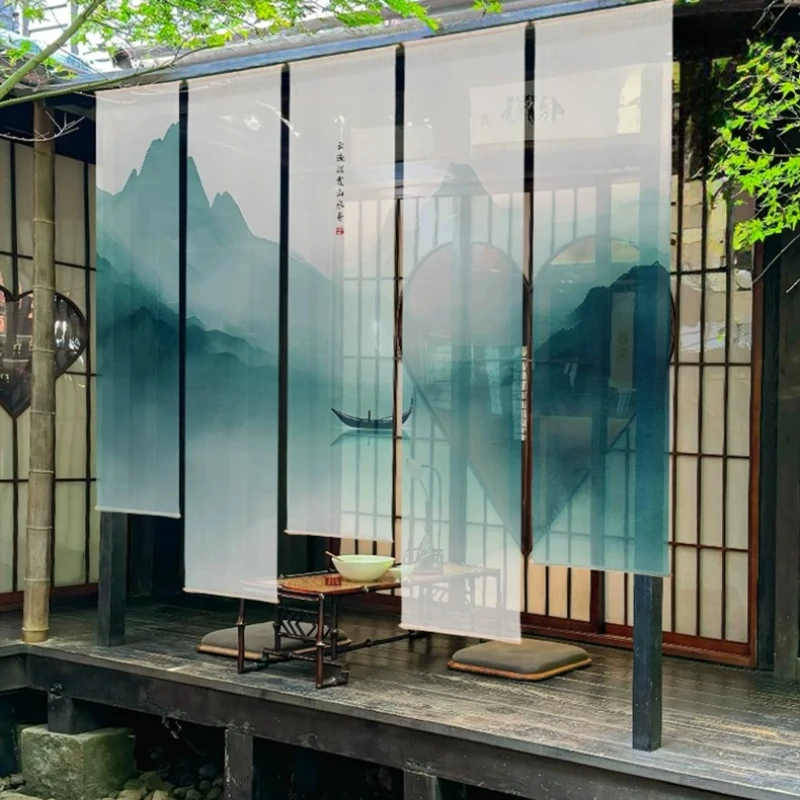 Japanese Karesansui Gauze Room Divider | Semi Transparent Zen Curtain for Tea Room & Spa | Soft Light Partition for Meditation