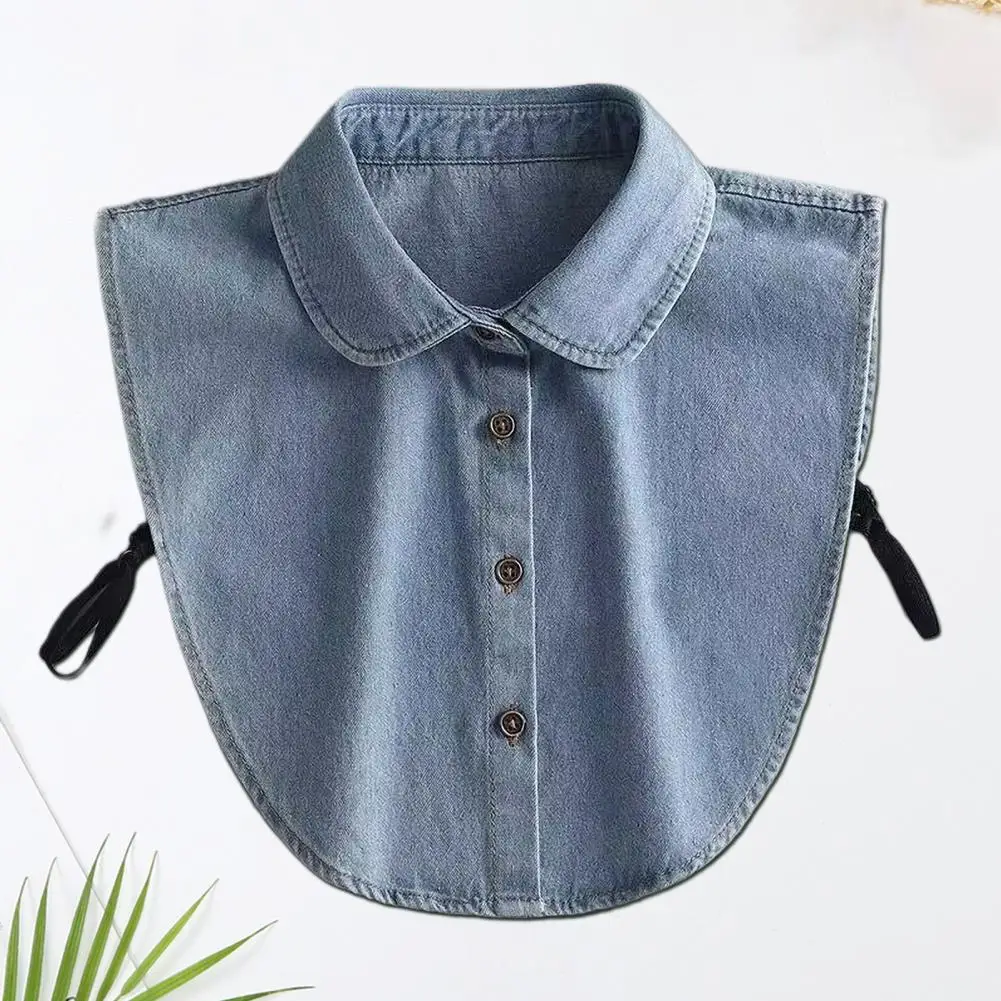 Fake Collar Women Washed Denim Pointed Collar with Adjustable Straps Lapel Buttons Closure Shirt Collar Versatile Decoration