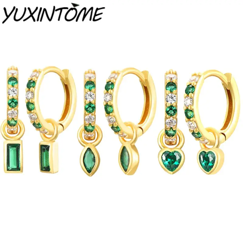 

925 Sterling Silver Ear Needle Classic Retro Advanced Geometric Design Green Zircon Pendant Hoop Earrings Ear Accessories Gifts
