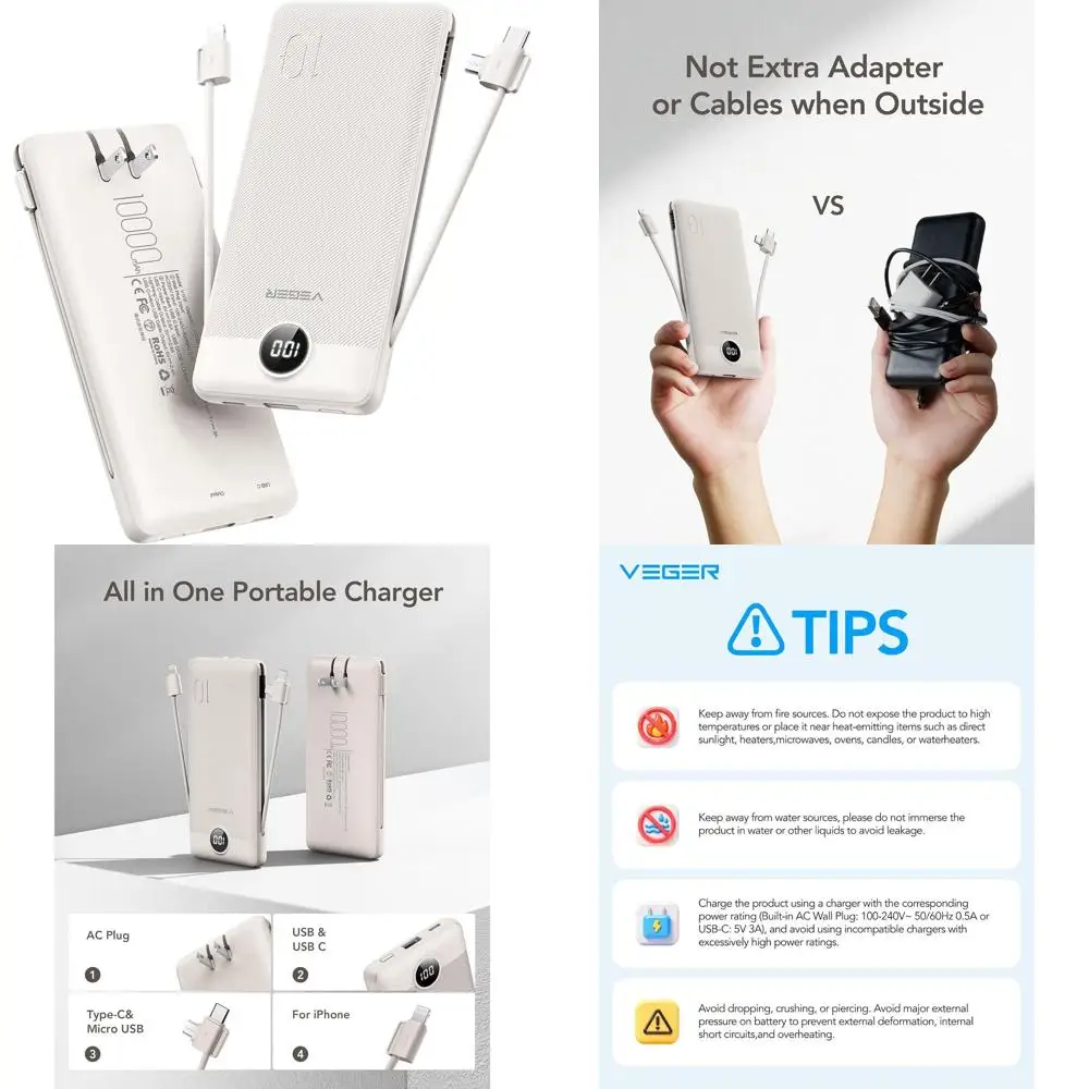 

Универсальный тонкий внешний аккумулятор на 10000 мАч со встроенной вилкой переменного тока и кабелями, быстрая зарядка для устройств iPhone и Android