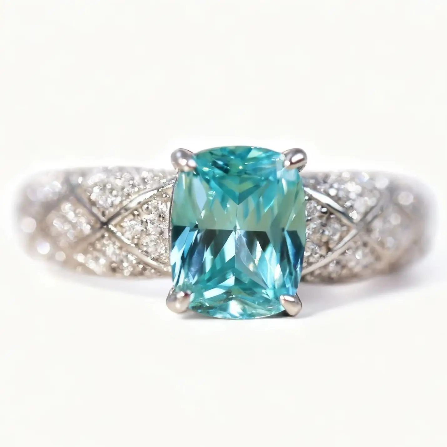 

Triple Thick Rhodium Plated Sterling Silver Ring With 2ct Cushion Cut Lab-Created Imitation Paraiba with Full Zircon
