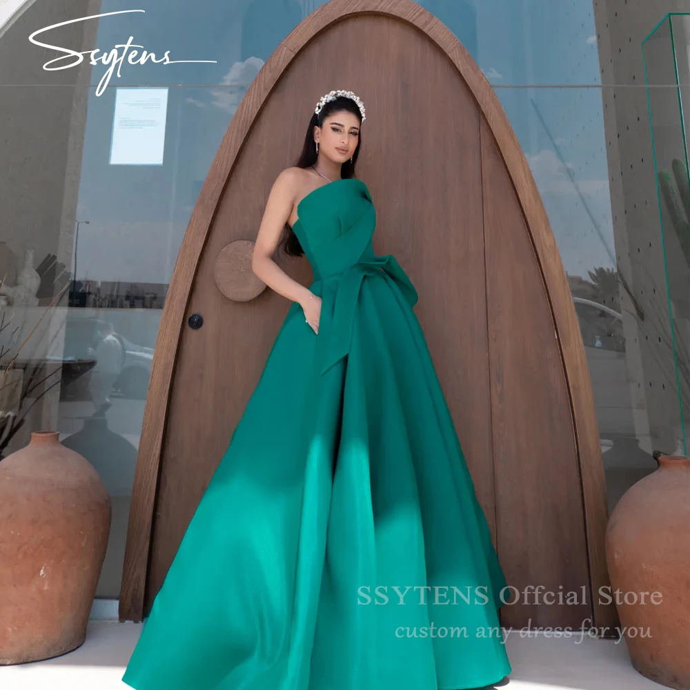 SSYTENS Green Silk Satin Long Evening Dresses Strapless Floor Length Prom Dress Women Elegant Formal Dubai Wedding Party Gowns