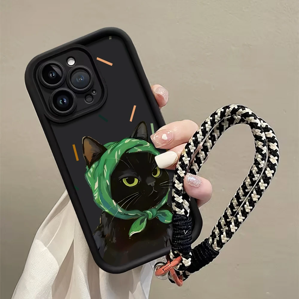 Ölgemälde-Katzen-Handyhülle mit Trageriemen für iPhone 11 12 13 14 15 16 17 Pro Max 15 14 13 Plus 17E Stoßfeste Matte Silikonhülle – Detail 1