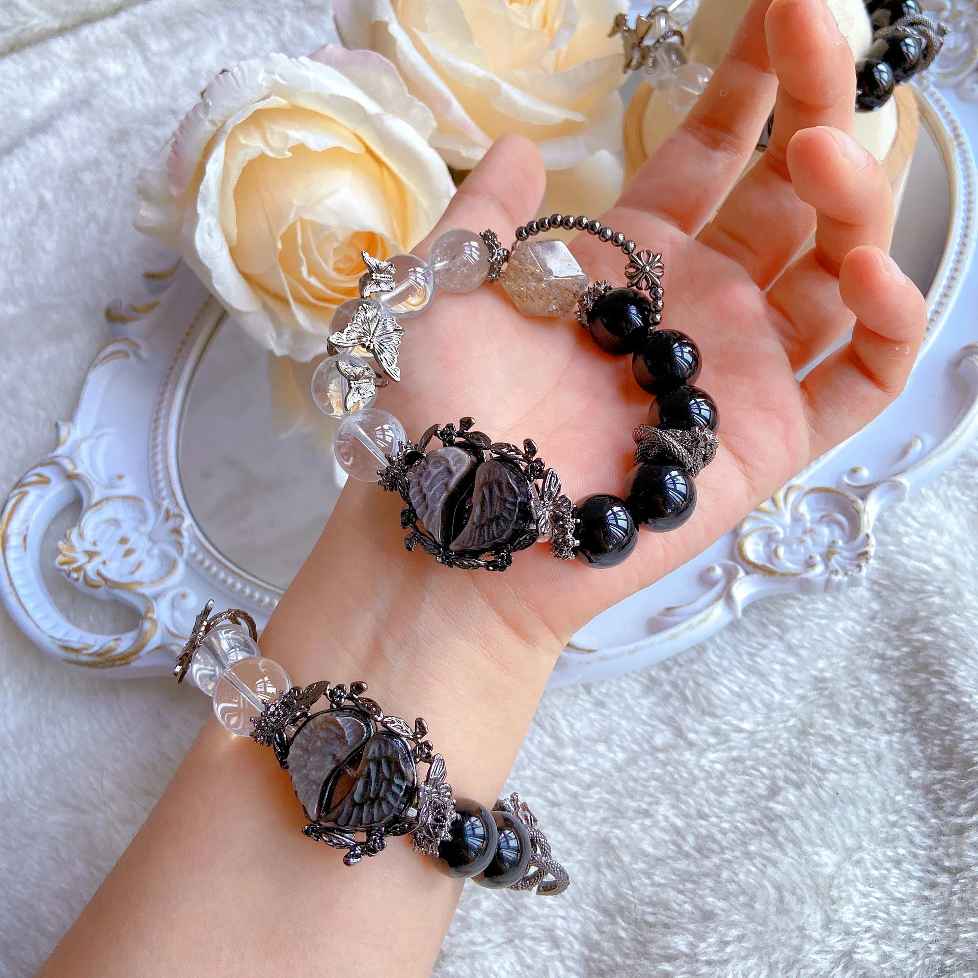 

Fashion Obsidian Black Gold Beaded Bracelet Black Color Butterfly Bracelet Women's Trends Party Jewelry Accessories Gifts
