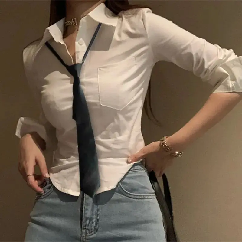 Spring Pure Desire New Women Slim Corset Appear Thin Sexy White Shirt Long Sleeved Single-breasted All-match Lapel Collar Tops