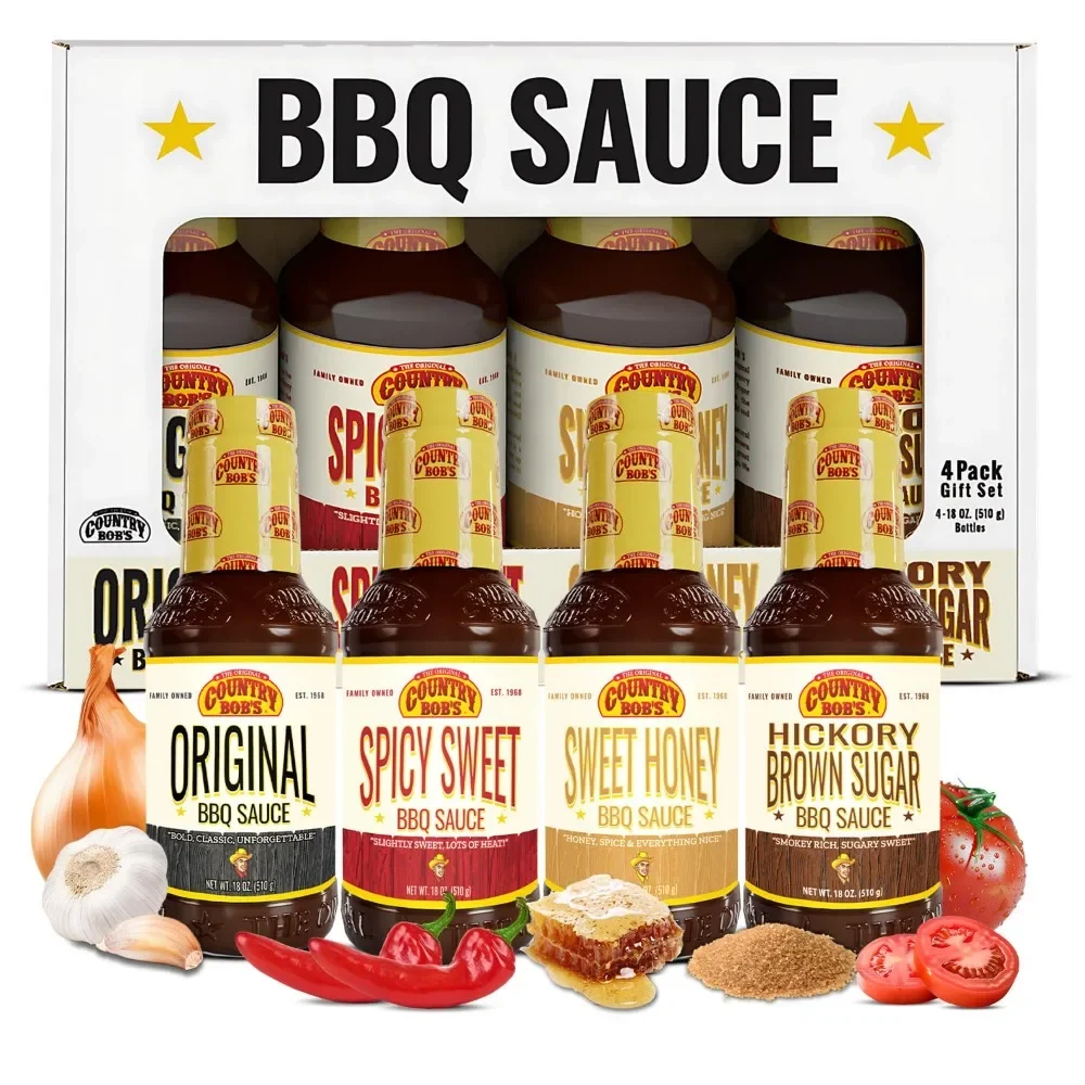 Paquete variado de salsa para barbacoa Country Bob: dulce picante, original, nogal y azúcar moreno, miel dulce, marinada salada para