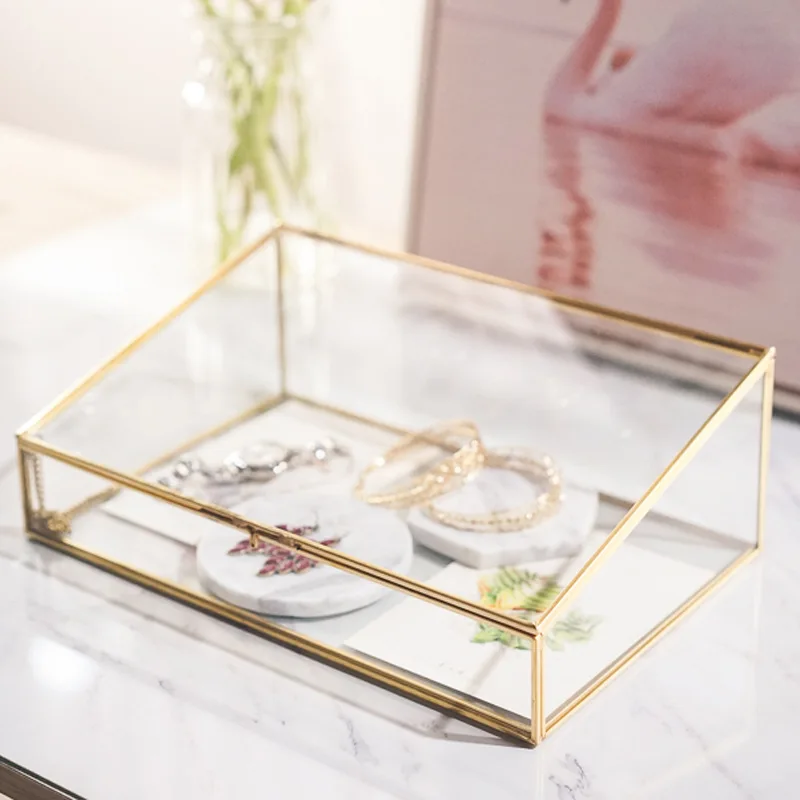 Trapezoidal Retro Copper Edge Glass Jewelry Box Ornaments Princess  Storage   Home Decoration Display ed 