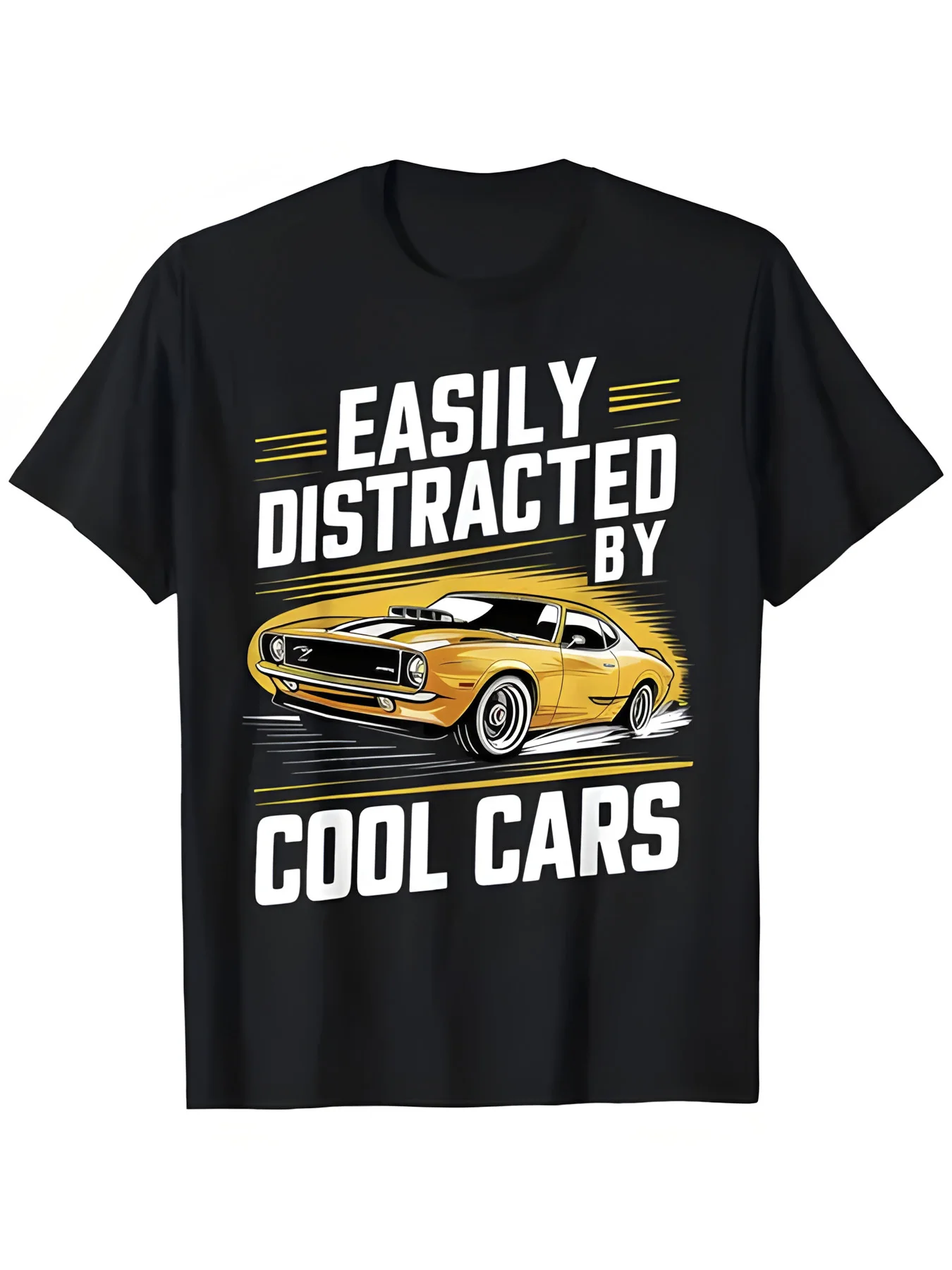 Men's Black 'EASILY DISTRACTED' Graphic T-Shirt with Classic Muscle Car Design - Casual,Short Sleeve,Round Neck