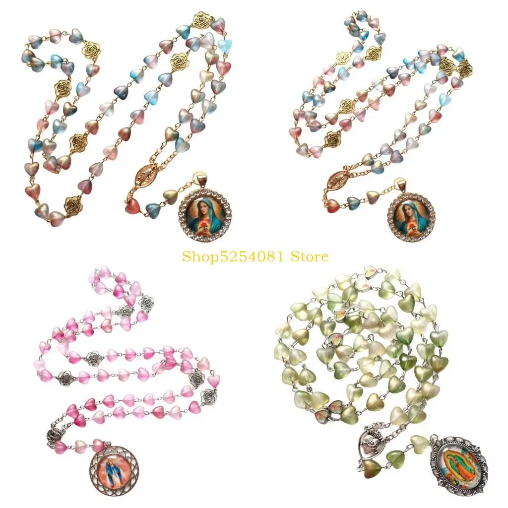 AXYC Romance Hollowed Rose Heart Beaded Rosary Necklace with Glass Pendant for Collectors Christian Prayer Meditations Gift