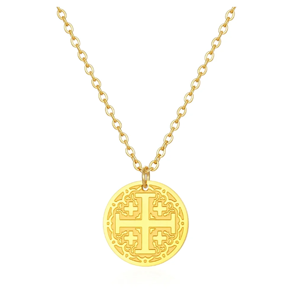 Stainless Steel 18K Gold Plated Coin Disc The Orthodox Cross Pendant Necklace Jewelry Gift