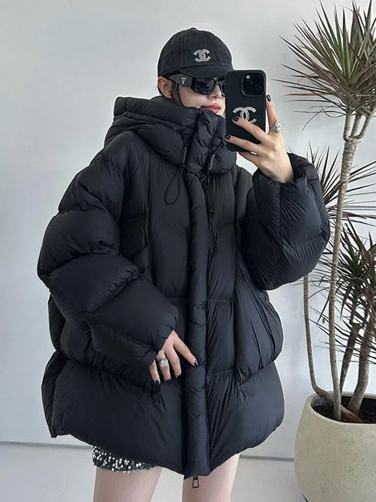 الشتاء الأبيض بطة أسفل معطف دافئ جديد سترة منتفخة أسفل الإناث سميكة المرأة متوسطة طول فضفاضة الصلبة سميكة مقنعين معطف #6