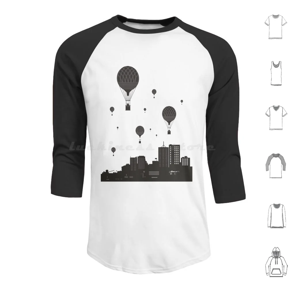 Balloons And The City Hoodies Long Sleeve City Surreal Black Minimalism Air Balloon Building Silhouette Surrealism