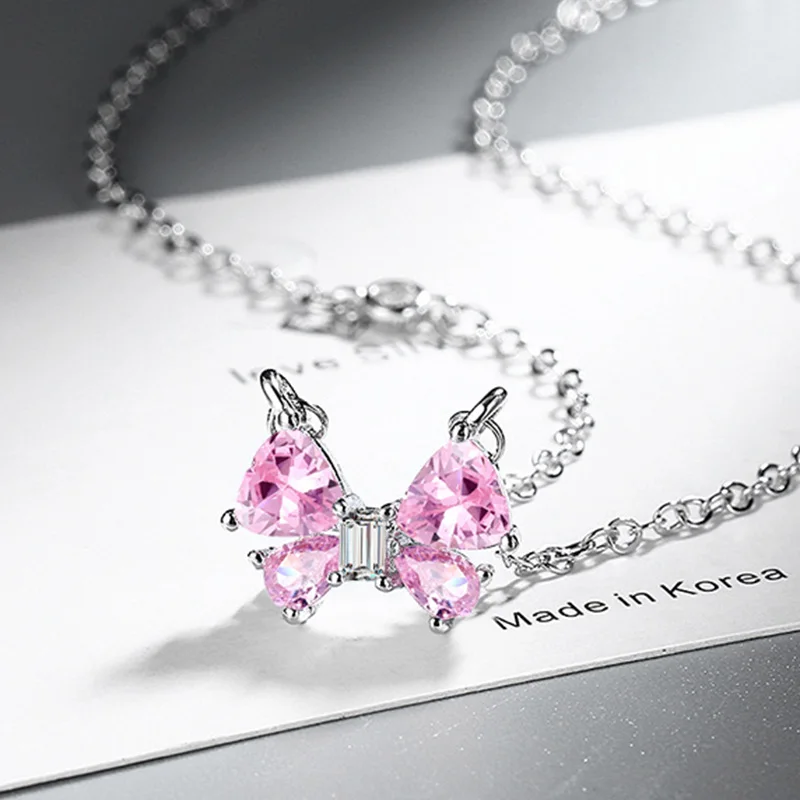 Argent 925 Pink Bow Zircon Pendant 925 Sterling Silver Necklace for Women Choker Sweet Adorable Style Elegant Jewelry Accessory