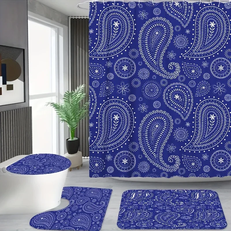 

4pcs Ethnic Boho Paisley Bathroom Set – Blue Cashew Floral Pattern Shower Curtain (179.83x179.83 Cm) With 3-Piece Toilet Mat