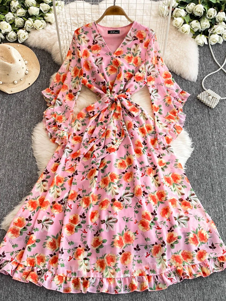 Boho scollo a V Abito lungo estivo da donna in chiffon con stampa floreale Chic casual fasciatura sottile vacanza al mare INS elegante abito a trapezio tunica