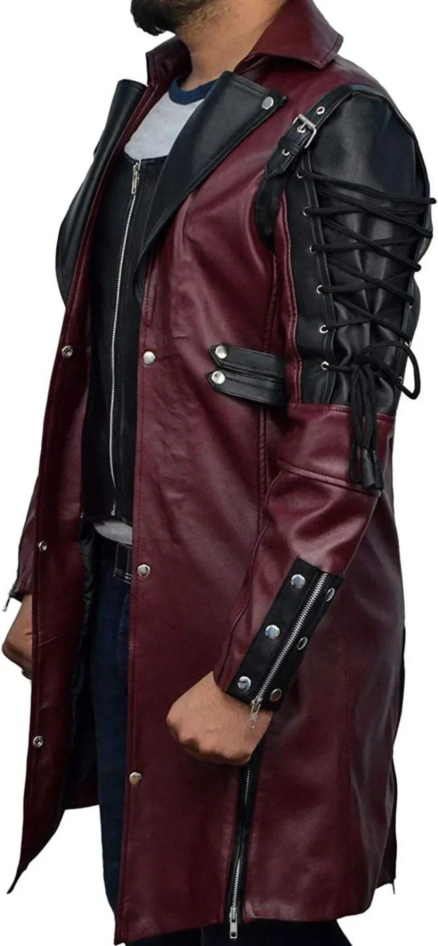 2023 Autumn/Winter New Mid Length Leather Coat Men's Punk Gothic Leather Coat