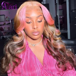 Perruque Lace Closure Wig 5x5, perruque Body Wave à reflets rose blond avec marron, perruque Lace Frontal transparente 13x4/13x6, perruque pre-plucked pour femmes