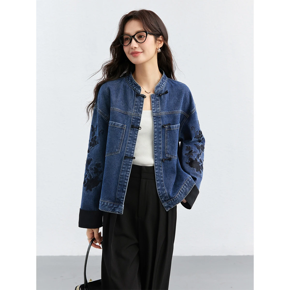 VIMLY Women's Chinese-style Denim Jacket Lady 2026 Spring Fall Embroidery Long Sleeve Straight-cut Outerwear Woman Clothes 75351