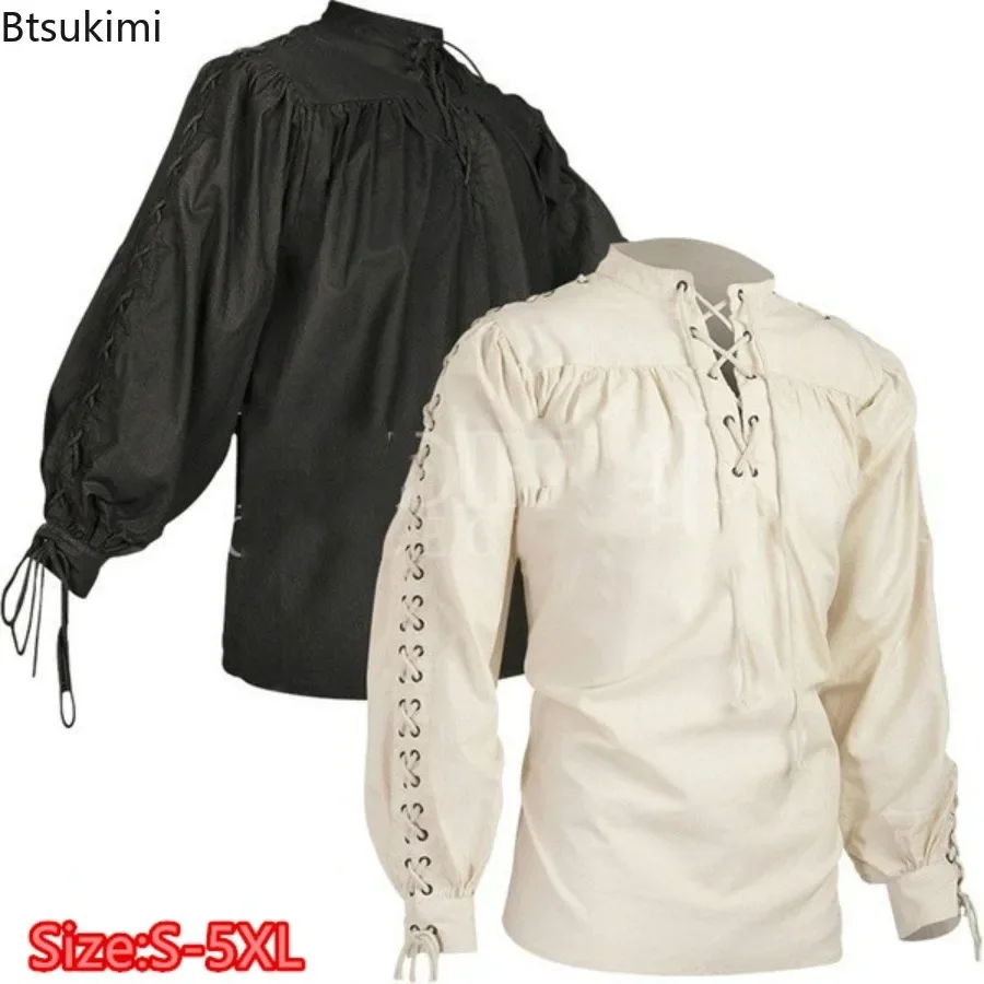 

Men Medieval Shirts Drawstring Viking Vintage Sleeve Tunic Cosplay Tops Knight Costume Ruffle Pirate Gothic Neckline Male Shirts