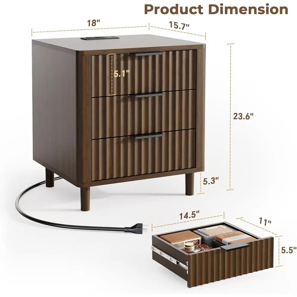 منضدة مخددة مع قاعدة شحن، طاولة بجانب السرير للتخزين متعددة الوظائف بثلاثة أدراج، منضدة حديثة من الخشب الصلب، P منحني