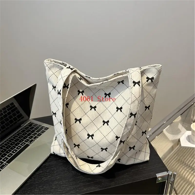

Ladies Large Corduroy Handbag with Bowknot Print Shoulder Bag for Work Travel