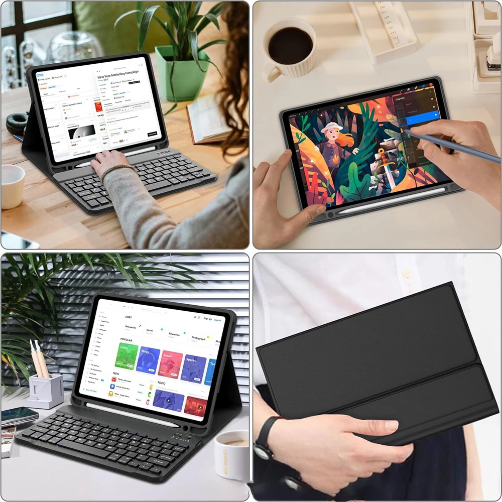 حافظة لوحة مفاتيح لجهاز iPad (A16) الجيل 11th/10th، لوحة مفاتيح لاسلكية قابلة للفصل، غطاء لوحة مفاتيح فوليو مع حامل قلم رصاص