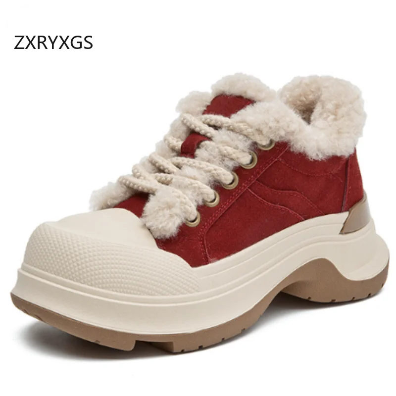 

ZXRYXGS Frosted Cowhide Wool Shoes Warm Winter Sneakers Snow Boots Thick Sole Increase Shoes Fashion Cotton Shoes Woman New 2025
