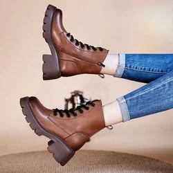 Half High Boots for Women Platform Round Toe Mid Calf Shoes Woman with Laces Lace-up Leather New Rock Waterproof Demi-season Y2k