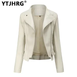 YTJHRG-chaquetas de motorista para mujer, abrigos de cuero PU, cuello vuelto, cremallera, manga larga, ropa femenina, primavera y otoño, 2024