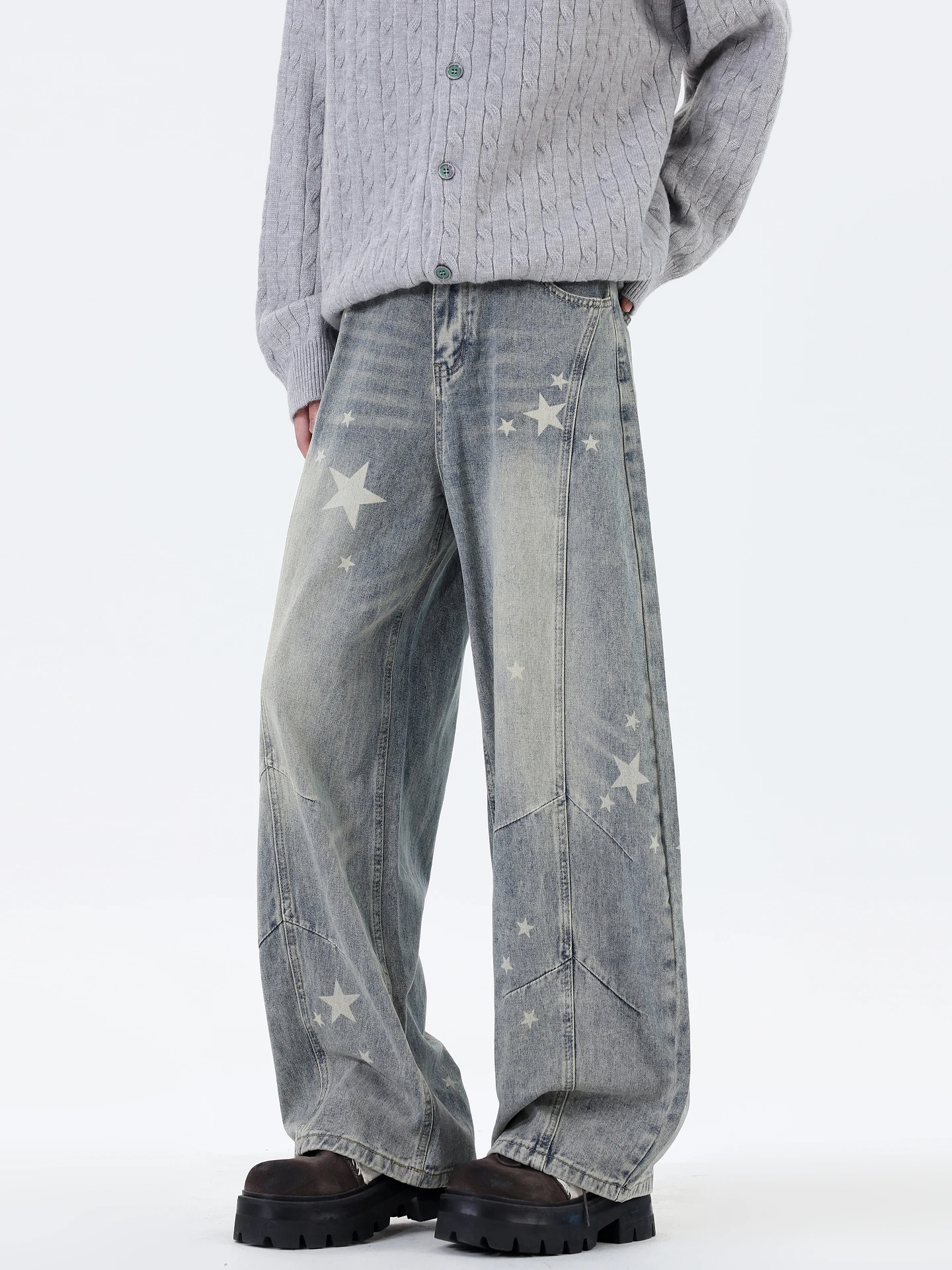 

Wukong Has Goods American Star Print Deconstructed Waed Straight Leg Men's Jeans Loose Trendy Wide Leg Long Pants