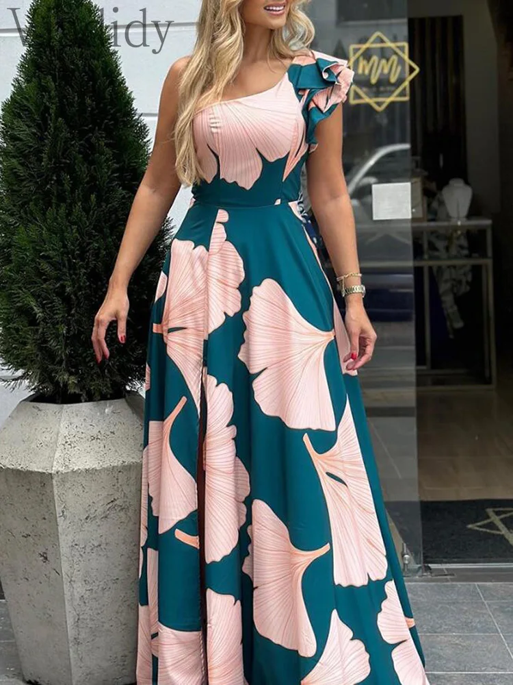 

Women Elegant Print Wide Leg One Shoulder Jumpsuit