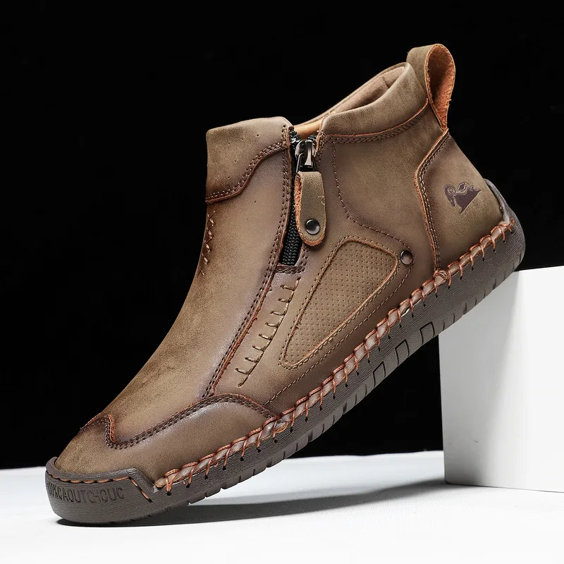 Large Size Men Outdoor Casual Ankle Boots, Flat Sole Hand Stitched Leather Shoes Side Zipper Daily Walking Short Boots