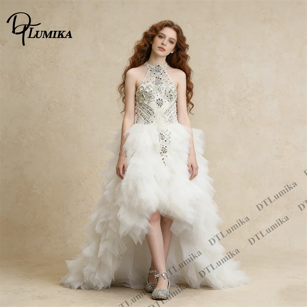 

DTLumika - Tiered Tulle Formal Dress for Women with Halter Neck, High-Low Beaded Crystal Details Events Gala Prom Dresses