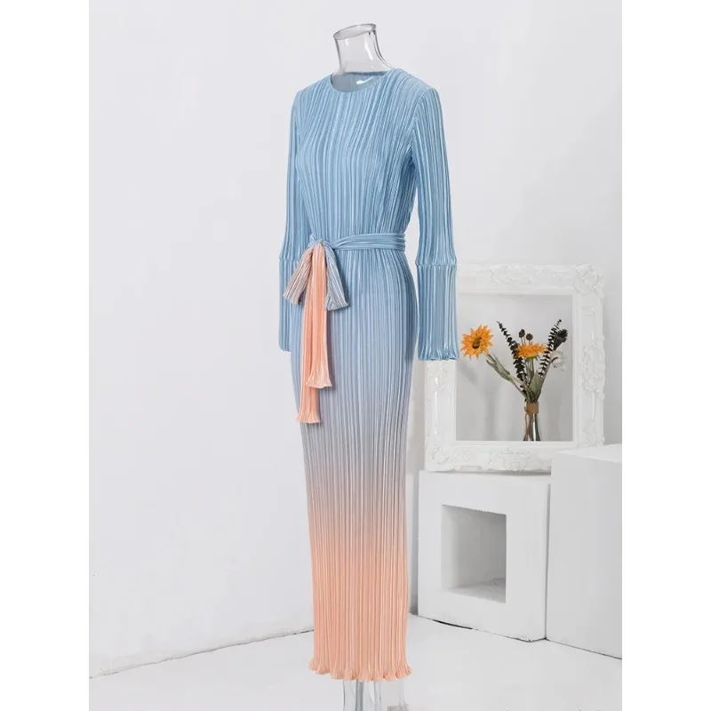 YUDX Miyake Elegant Gradient Pleated Long Dress Women Round Neck Belt Gathered Waist Dresses Fashion Party 2024 Spring New