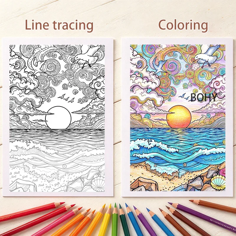1 Calming Line Drawing Coloring Book, Inlcude Exquisite Flower Clusters/dogs/bird and Wave Themed Drafts, Totaling 24 Pages