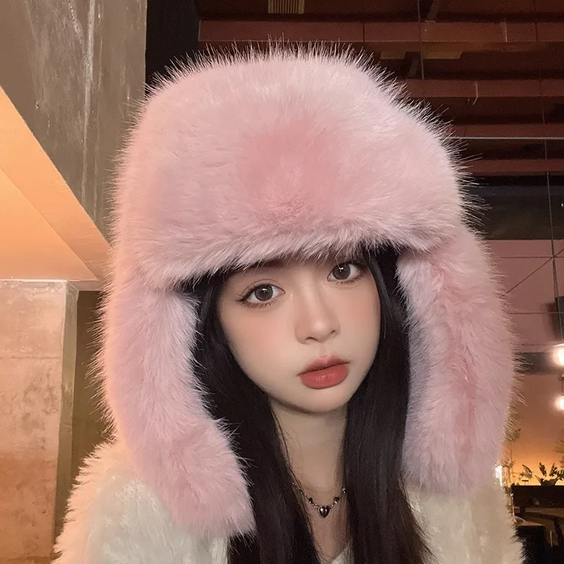 Korea Blue Imitation Marten Fur Bomber Hats for Women Plush Fluffy Windproof Warm Ear Protection Ski Hat Winter Beanies Caps