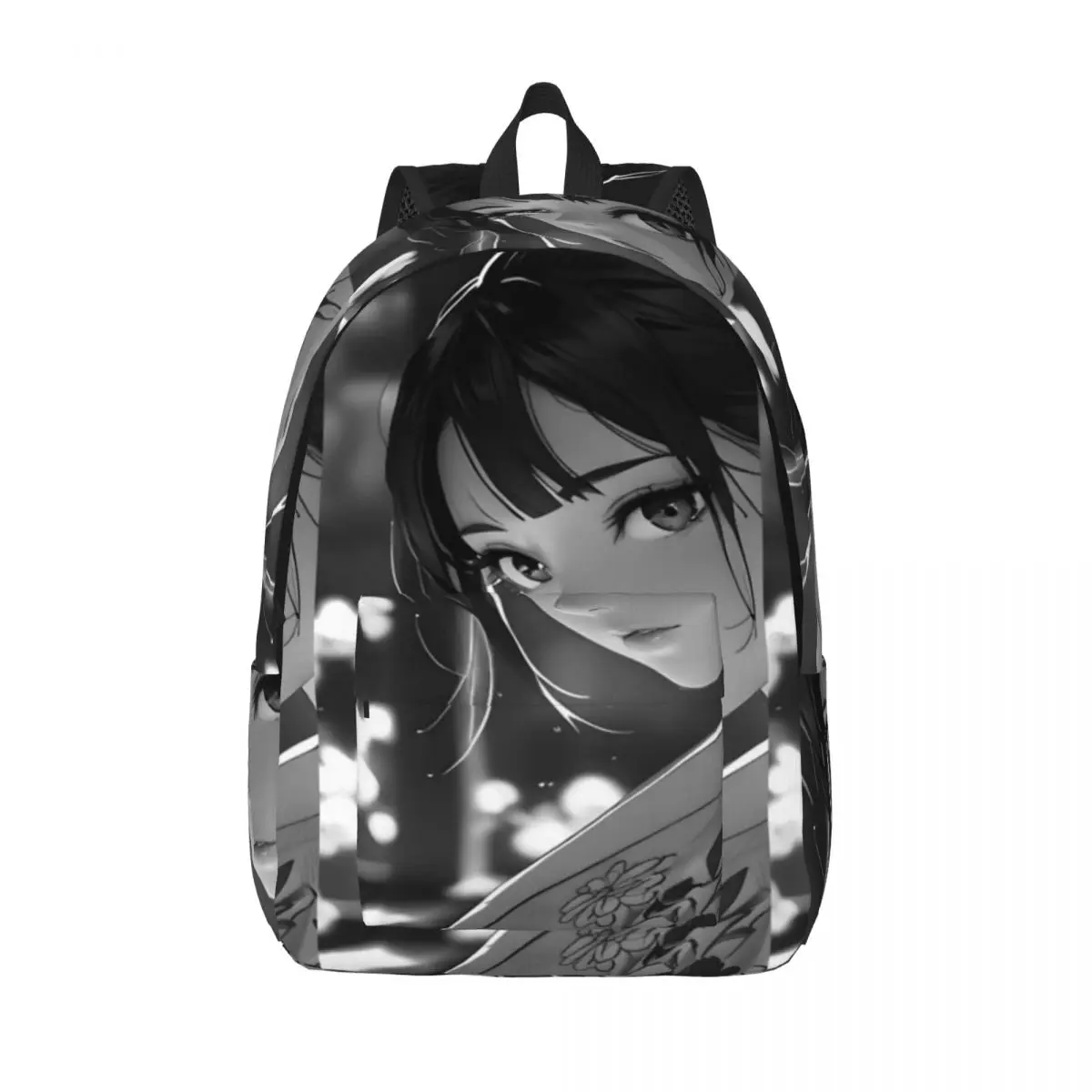 

Black And White Anime Geisha With Floral Details Simple and Stylish Backpack Canvas Backpack Man backpack