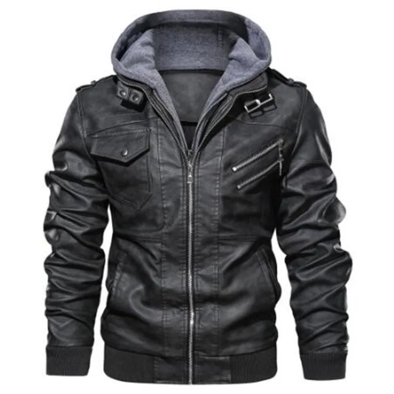 

Men Hooded Leather Jackets Slim Casual Leather Coats New Fashion Male Street Wear Motorcycle Leather Jackets Hat Detachable 5XL