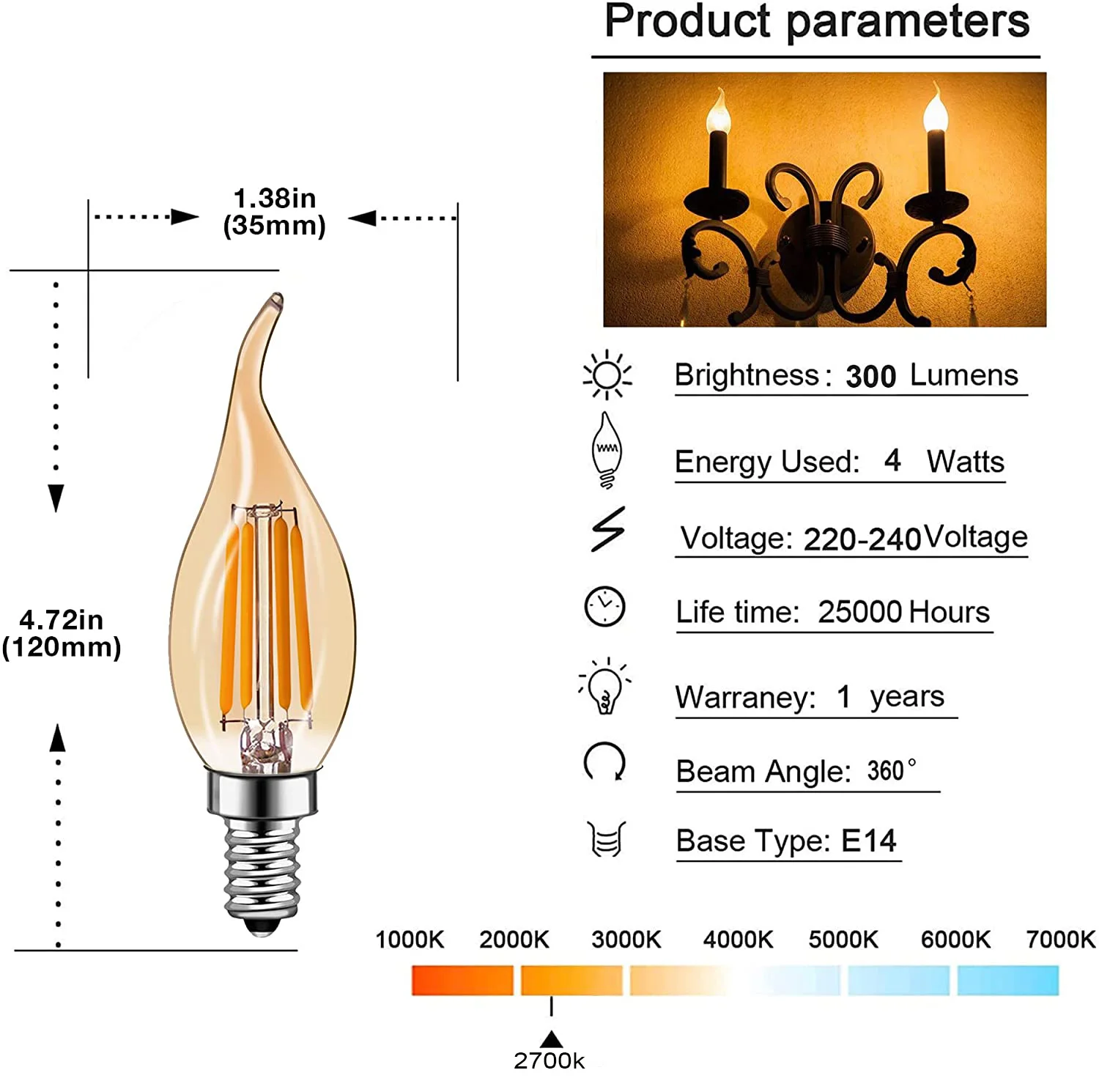 Genixgreen C35 Candle Bulb 4W Dimmable Led Filament Bulb E12 E14 Candelabra Base Flame Shape Bent Tip Lamps For Chandelier Light