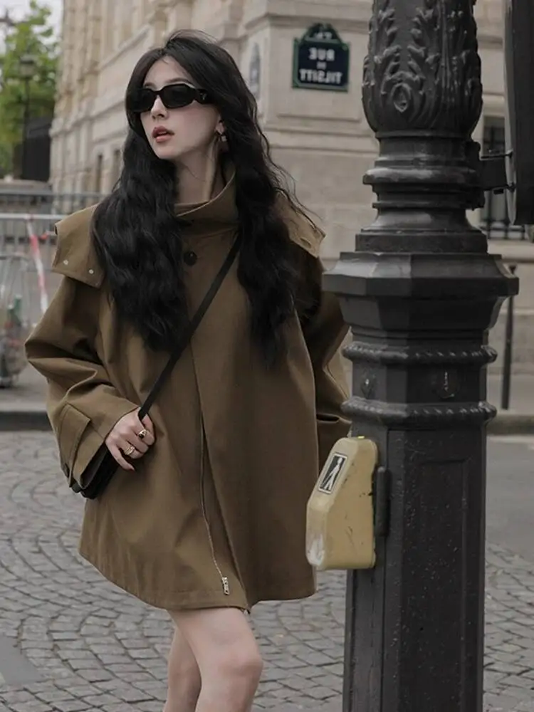 

2025 New Autumn Winter Women's Windbreaker A Line Silhouette Hooded Cape Trench Coat Stylish High End Chic Outerwear