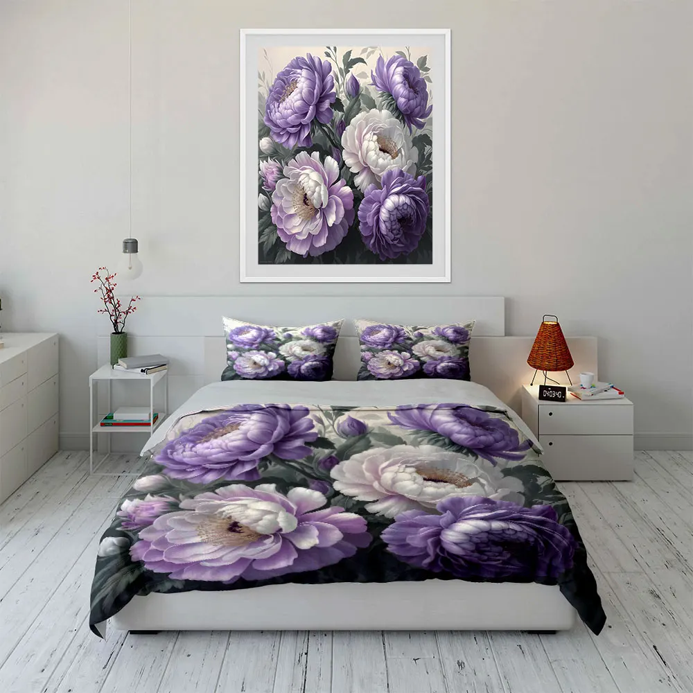 Elegant Blooming Purple and White Peonies Duvet Cover Set with 3D Printing Design Soft Polyester Bedding Set All-Season Comfort