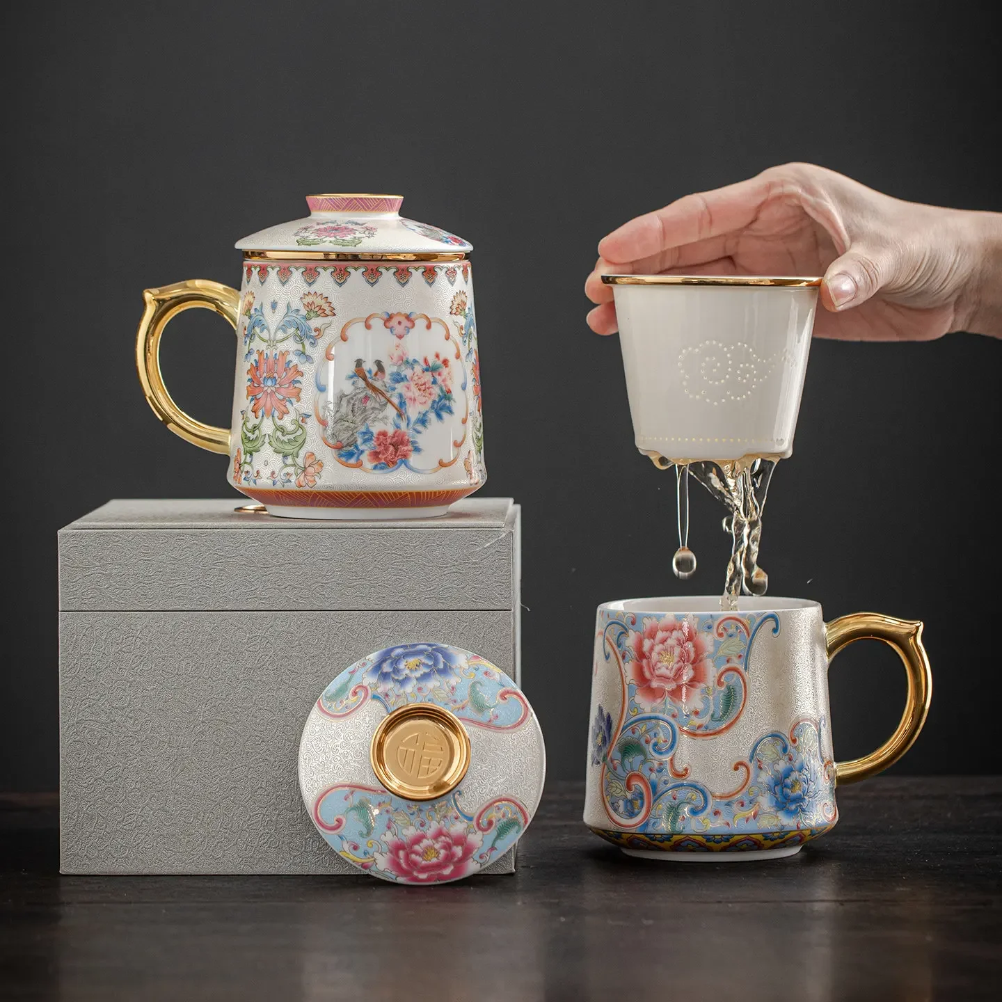 YJQ sterling silver filigree enamel color office pair cup personal special tea separation ceramic mug with lid