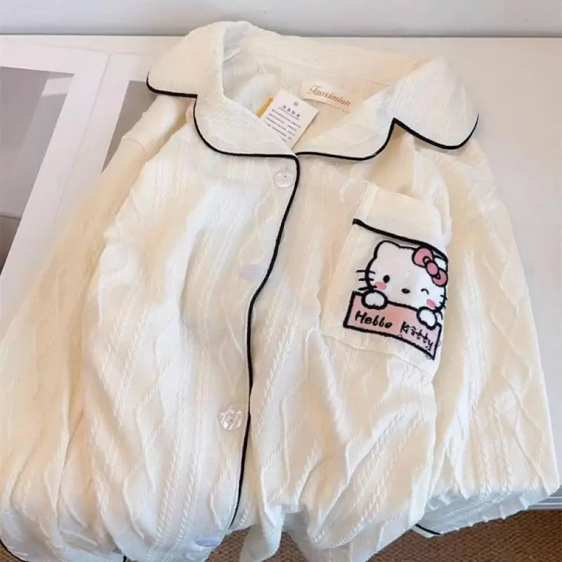 Kawaii Sanrios Hellokitty Kuromi Pochacco Women's Pajama Set Girly Anime Spring Autumn Loose Cotton Casual Cardigan Homewear